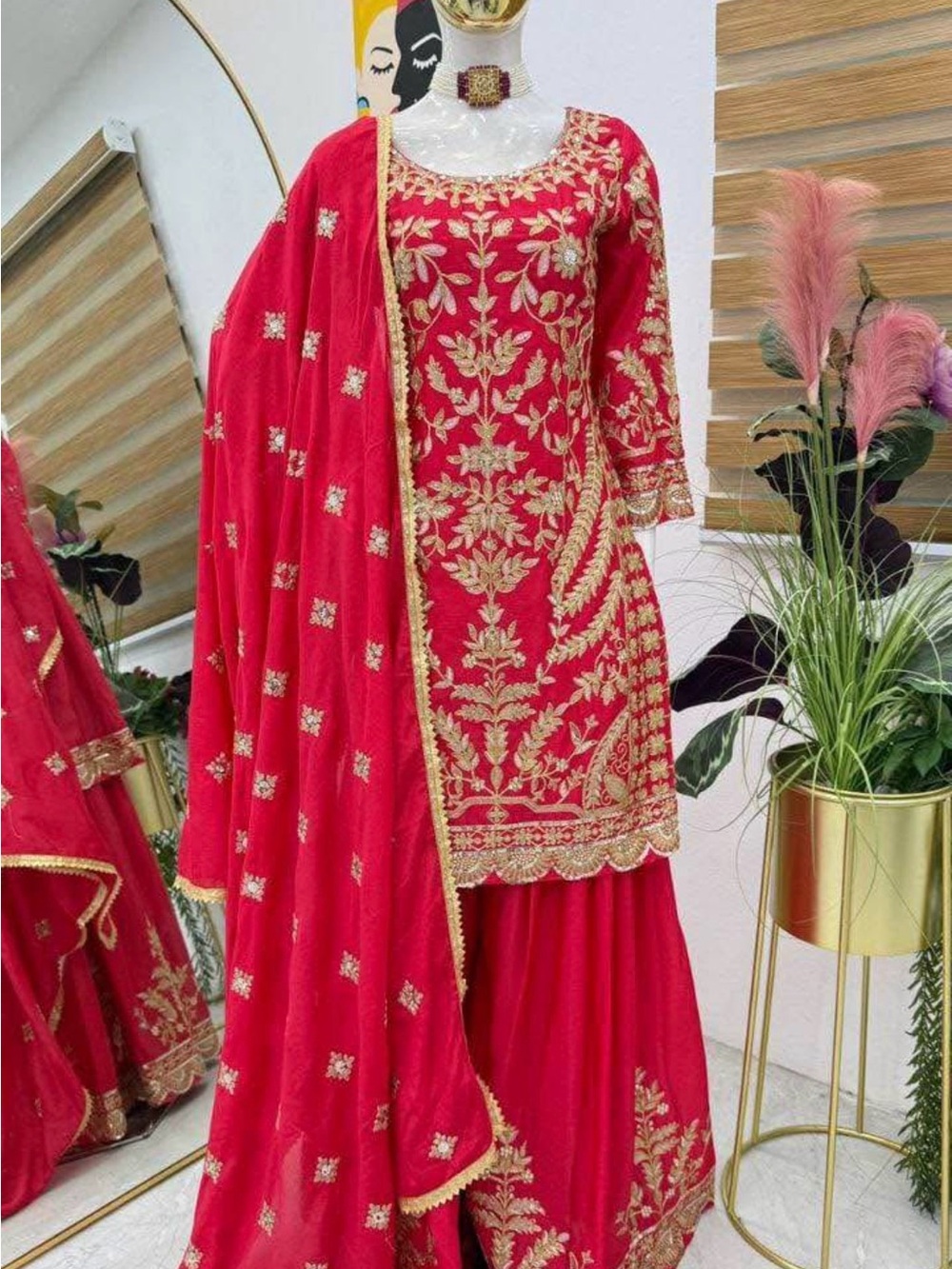 Red Embroidered Women's Formal Dress with Dupatta